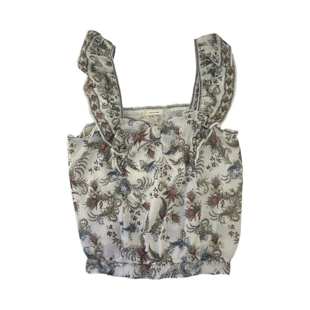 Max Studio Floral Ruffle Strap Square Neck Camisole Top Boho White Multicolor XL
